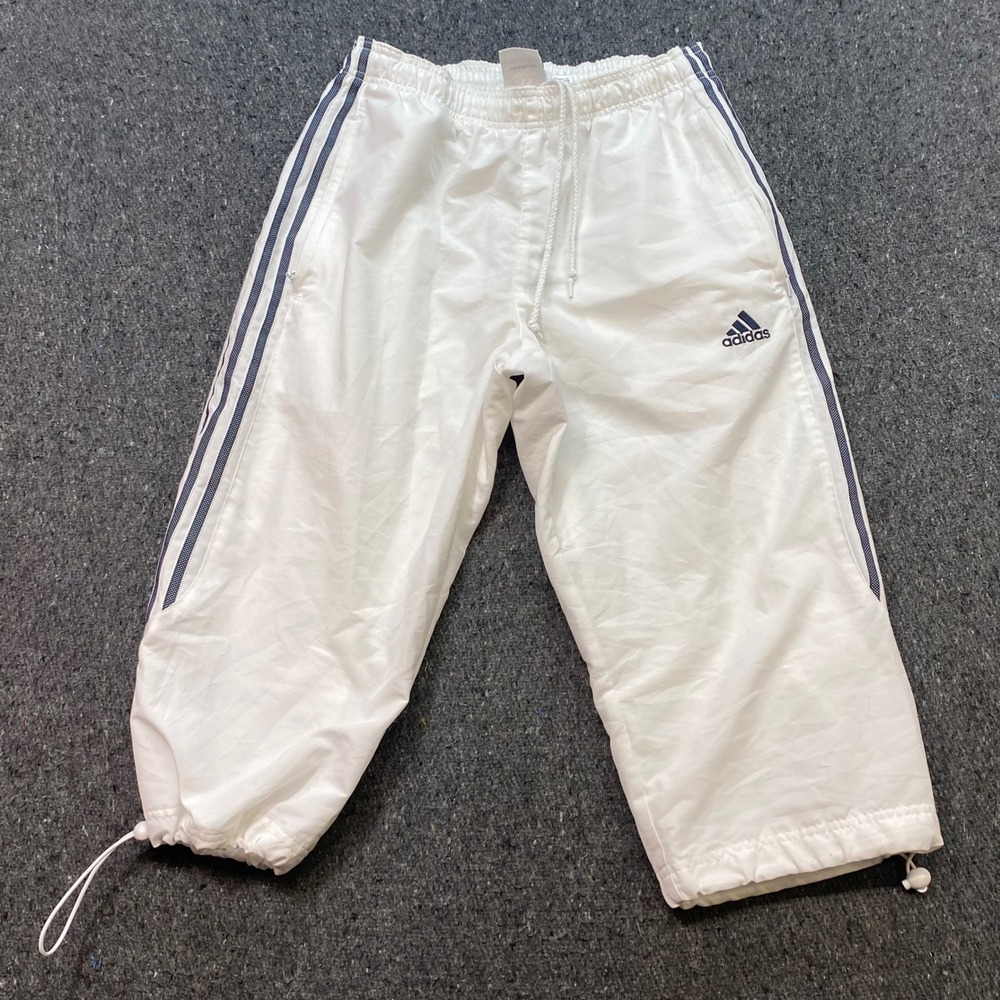 Adidas Track Pants Sz S Womens White Navy Blue Y2K Streetwear Bungee Hem Capri